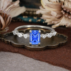 1CT Emerald Cut 4 Prong Sapphire Half Eternity Stacking Wedding Band Ring