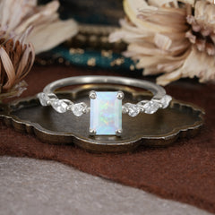 1CT Emerald Cut 4 Prong Opal Half Eternity Stacking Wedding Band Ring