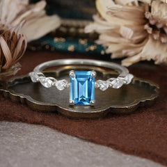 1CT Emerald Cut Aquamarine Half Eternity Stacking Wedding Band Ring