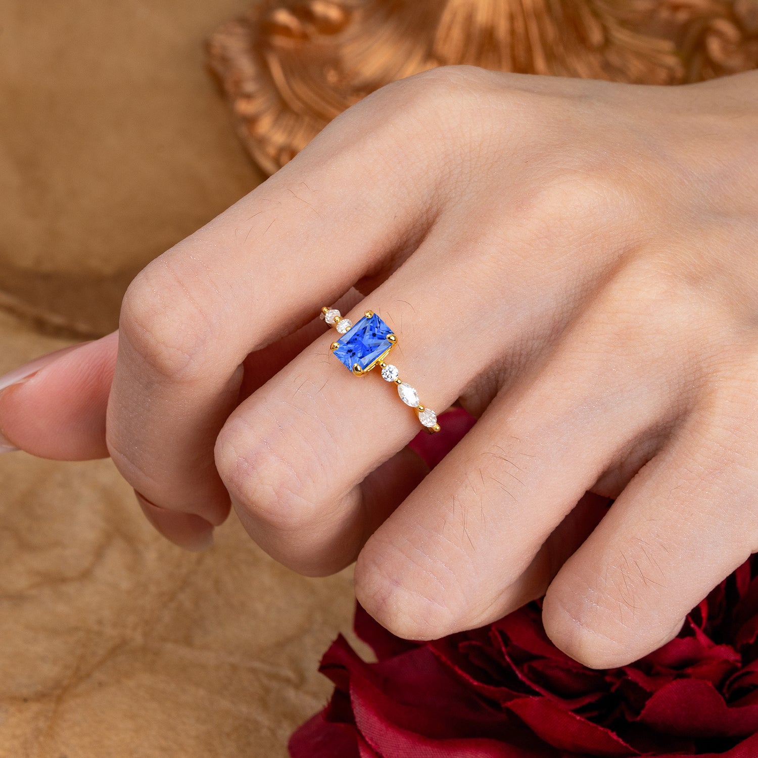 1CT Emerald Cut 4 Prong Sapphire Half Eternity Stacking Engagement Ring - Romalar Jewelry