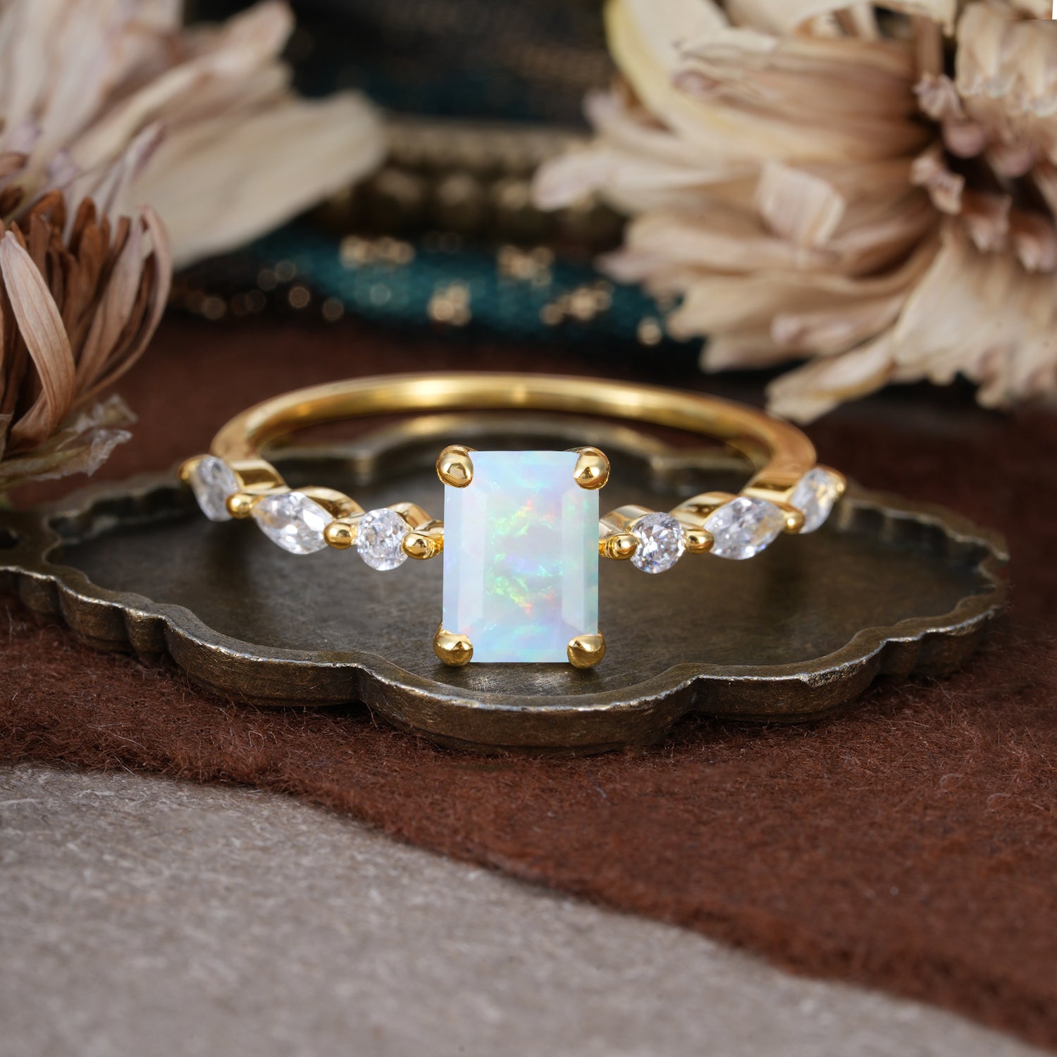 1CT Emerald Cut 4 Prong Opal Half Eternity Stacking Engagement Ring
