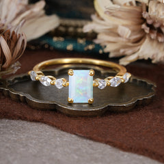 1CT Emerald Cut 4 Prong Opal Half Eternity Stacking Wedding Band Ring
