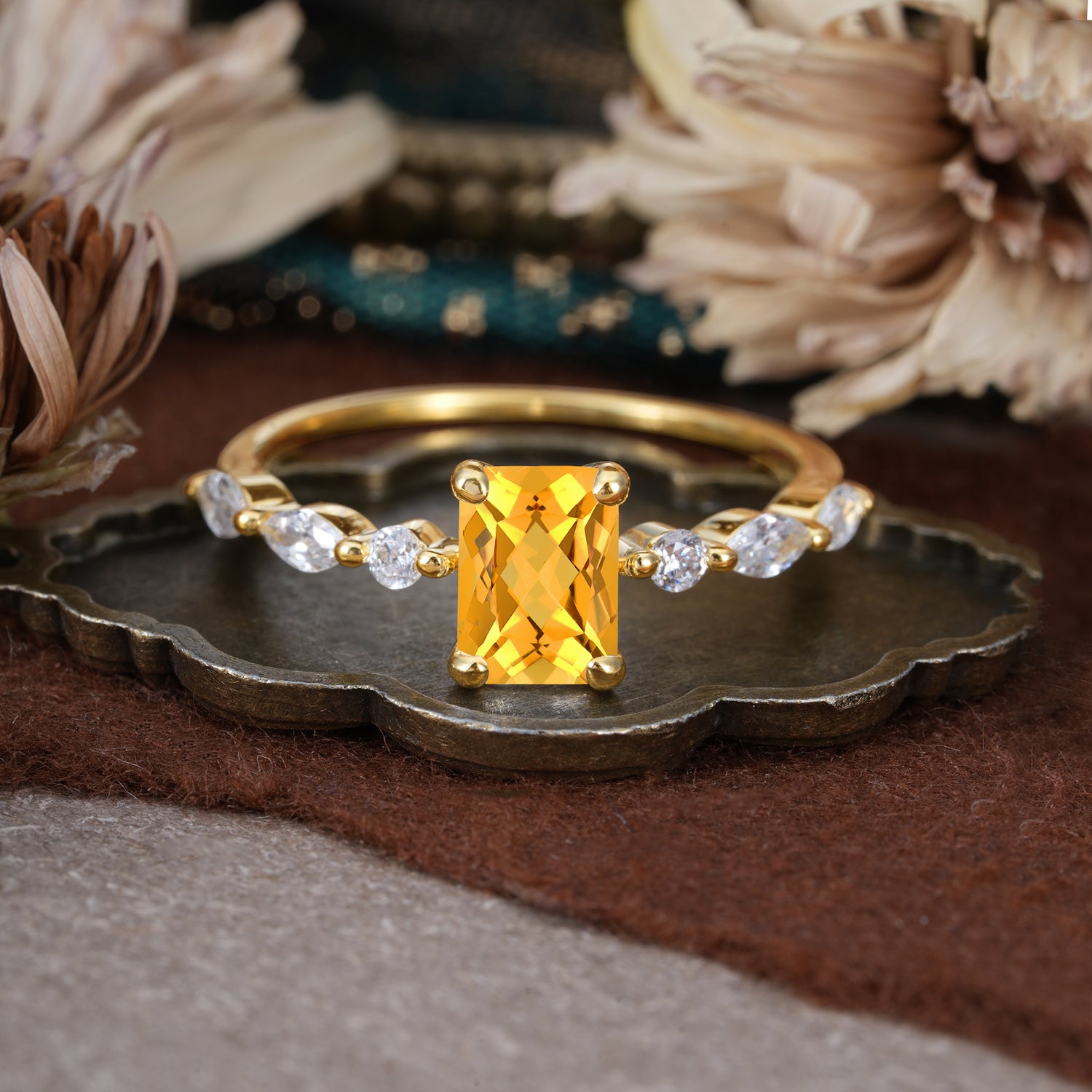 1CT Emerald Cut Citrine Half Eternity Stacking Engagement Ring