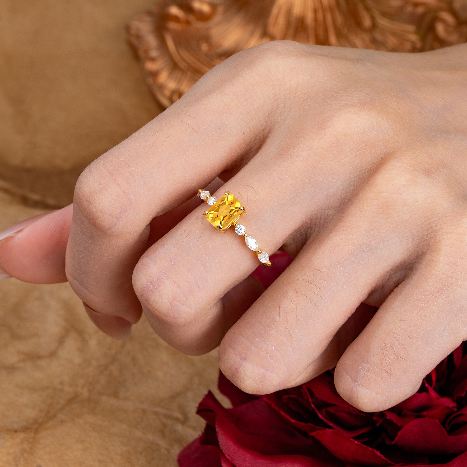 1CT Emerald Cut Citrine Half Eternity Stacking Engagement Ring