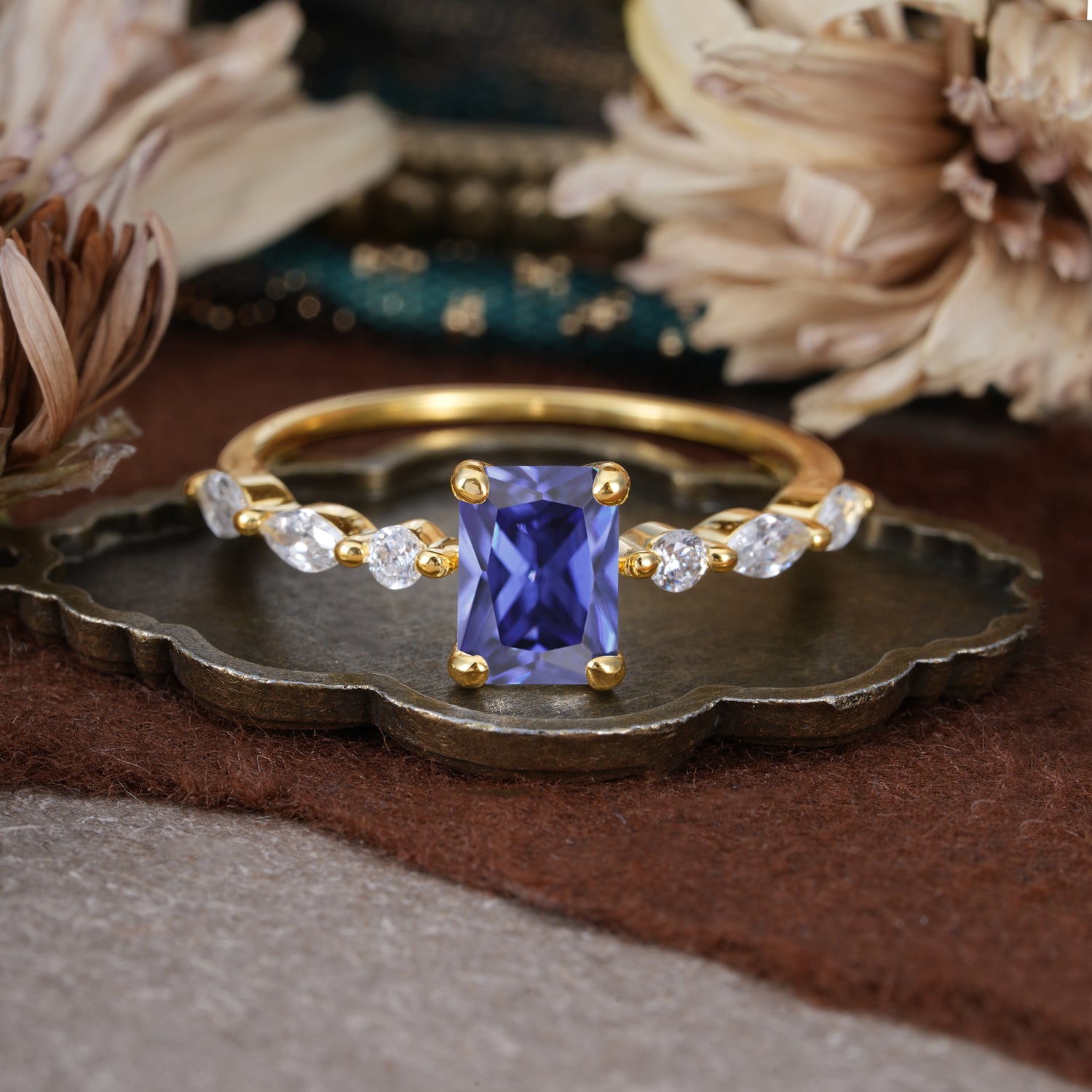 1CT Emerald Cut Tanzanite Half Eternity Stacking Engagement Ring