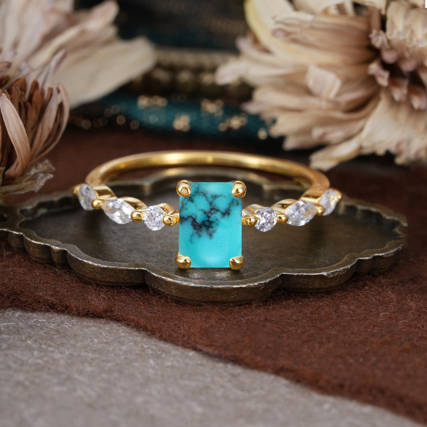 1CT Emerald Cut Turquoise Half Eternity Stacking Engagement Ring