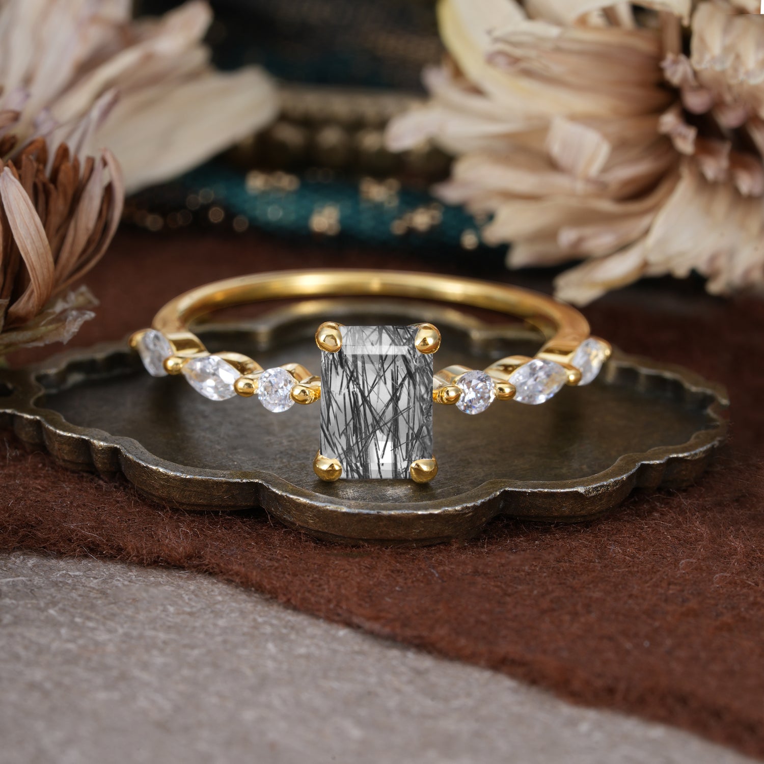 1CT Emerald Cut Black Rutilated Quartz Half Eternity Stacking Engagement Ring