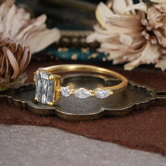 1CT Emerald Cut Black Rutilated Quartz Half Eternity Stacking Wedding Band Ring