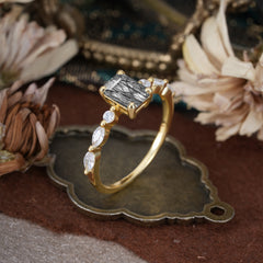 1CT Emerald Cut Black Rutilated Quartz Half Eternity Stacking Wedding Band Ring