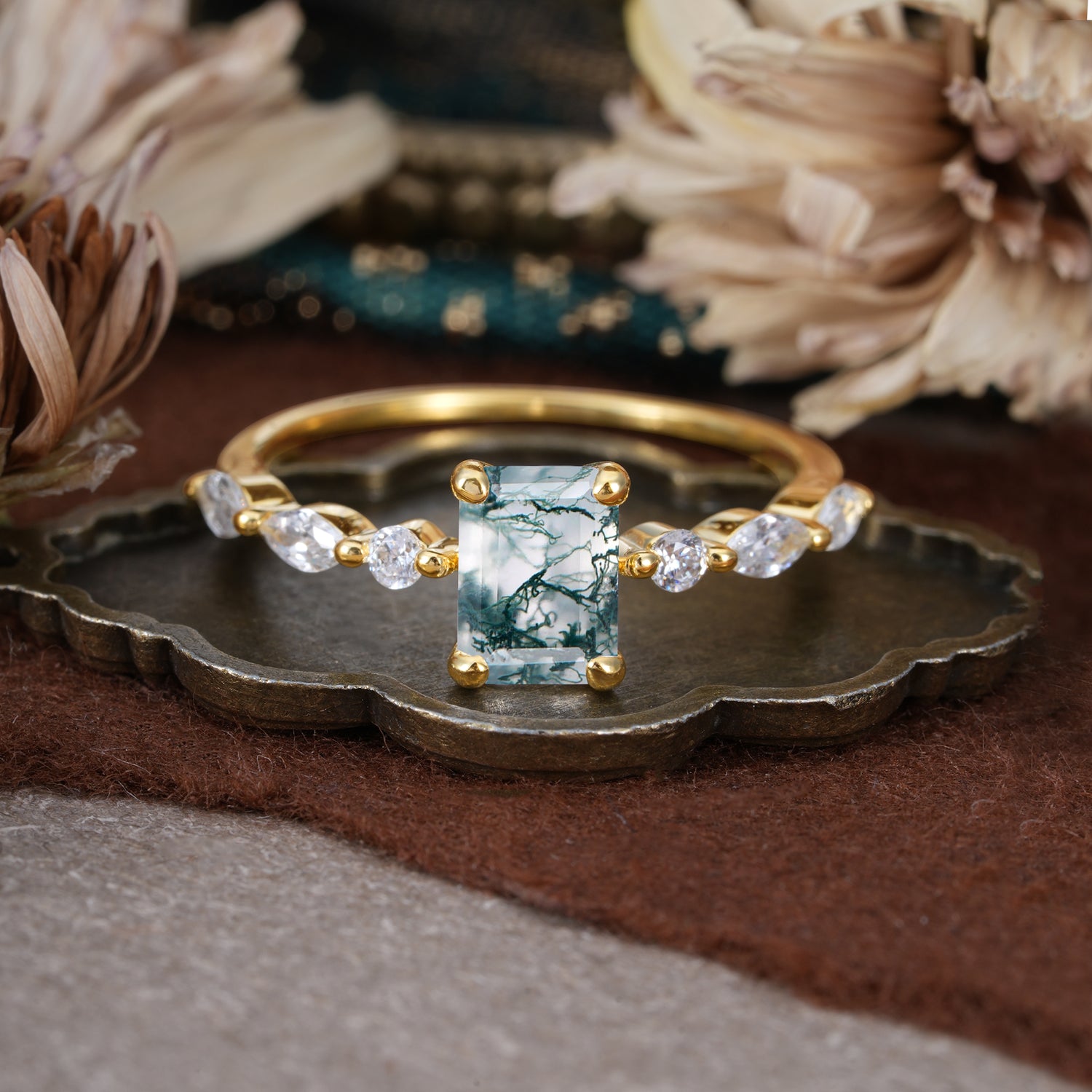 1CT Emerald Cut Moss Agate Half Eternity Stacking Engagement Ring