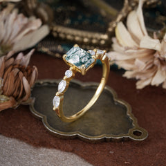 1CT Emerald Cut Moss Agate Half Eternity Stacking Wedding Band Ring
