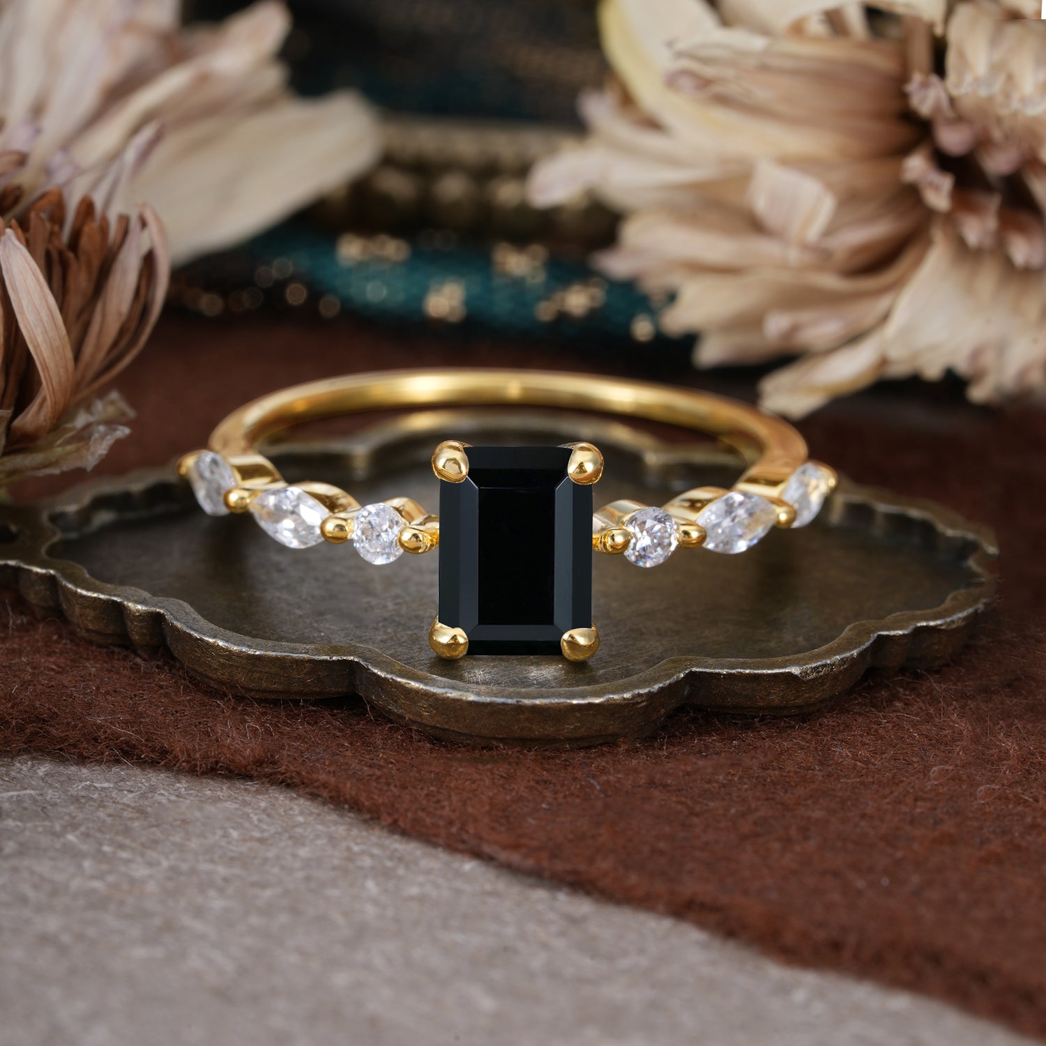 1CT Emerald Cut Black Onyx Half Eternity Stacking Engagement Ring