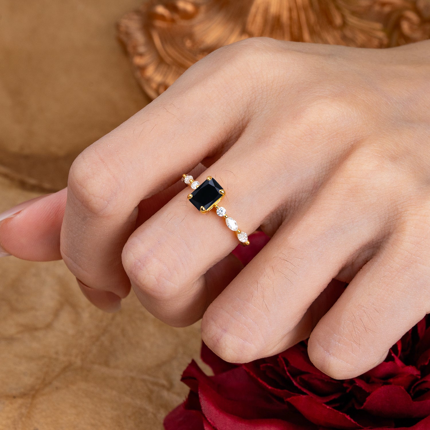 1CT Emerald Cut Black Onyx Half Eternity Stacking Engagement Ring