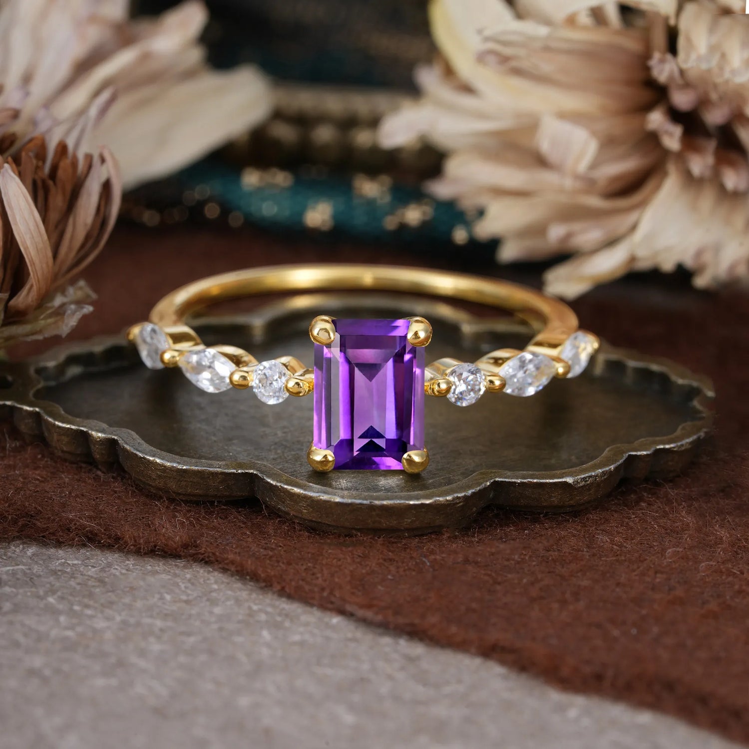 1CT Emerald Cut Amethyst Half Eternity Stacking Engagement Ring