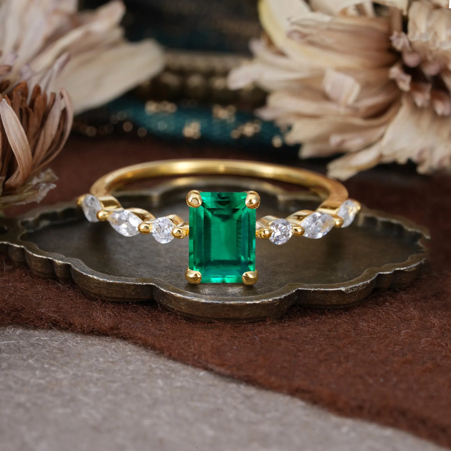 1CT Emerald Cut Emerald Half Eternity Stacking Engagement Ring