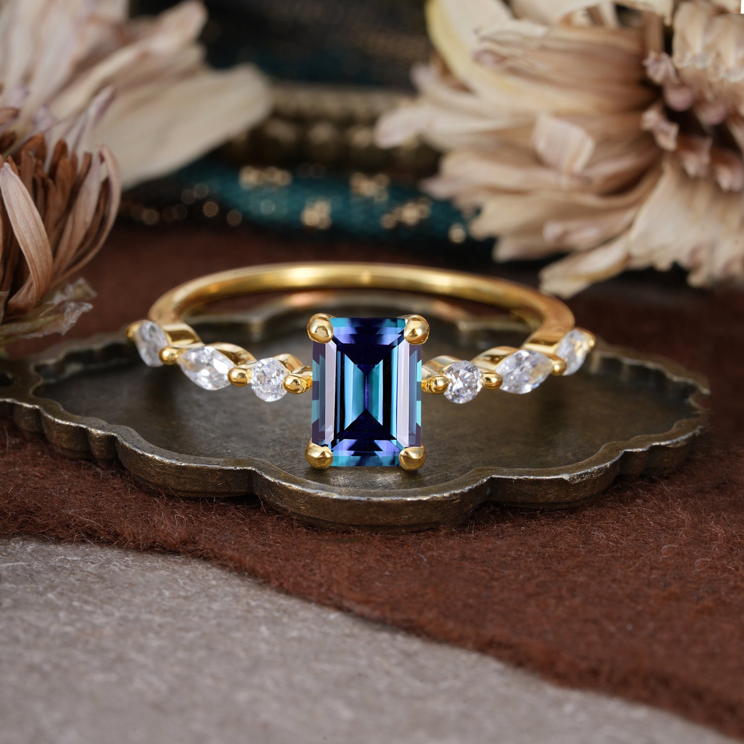 1CT Emerald Cut Alexandrite Half Eternity Stacking Engagement Ring