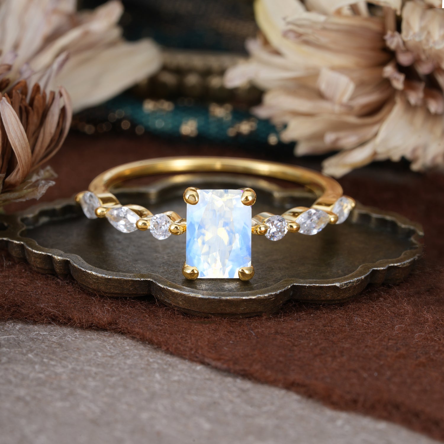 1CT Emerald Cut Moonstone Half Eternity Stacking Engagement Ring