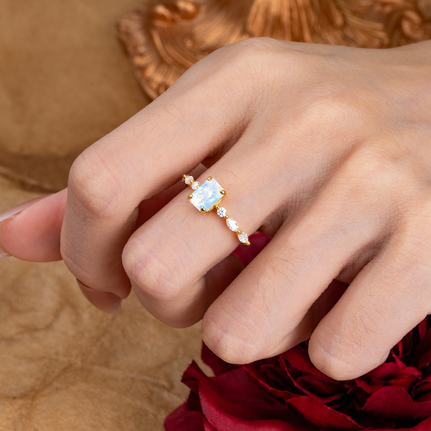 1CT Emerald Cut Moonstone Half Eternity Stacking Engagement Ring