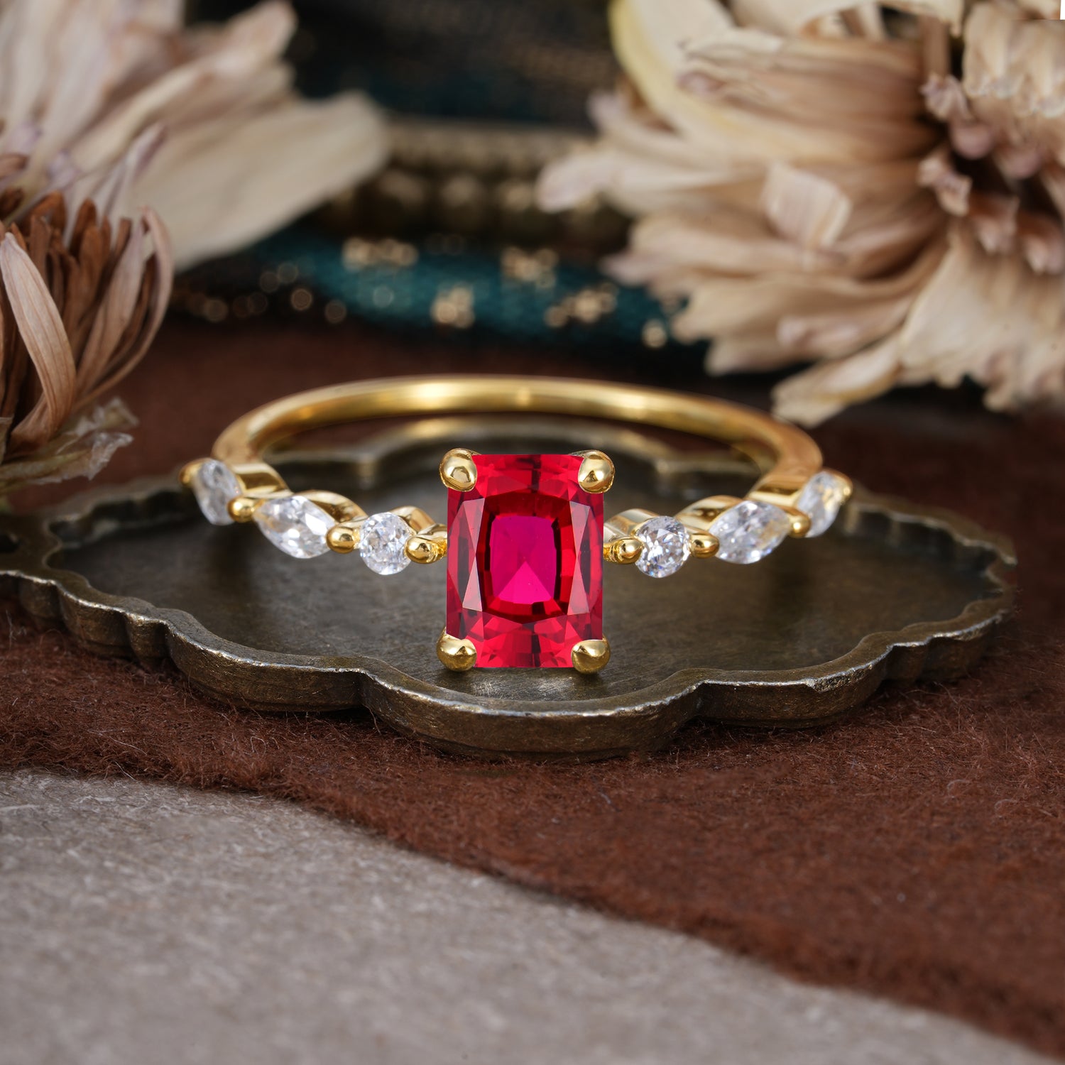 1CT Emerald Cut Ruby Half Eternity Stacking Engagement Ring