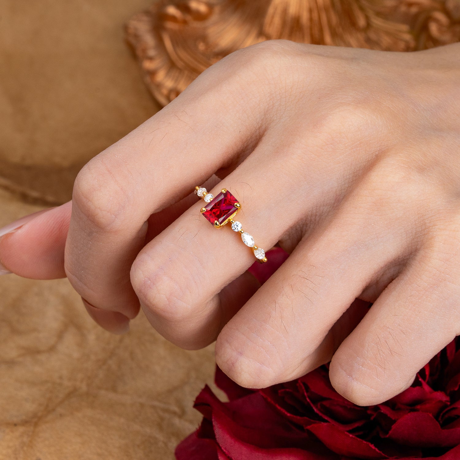 1CT Emerald Cut Ruby Half Eternity Stacking Engagement Ring