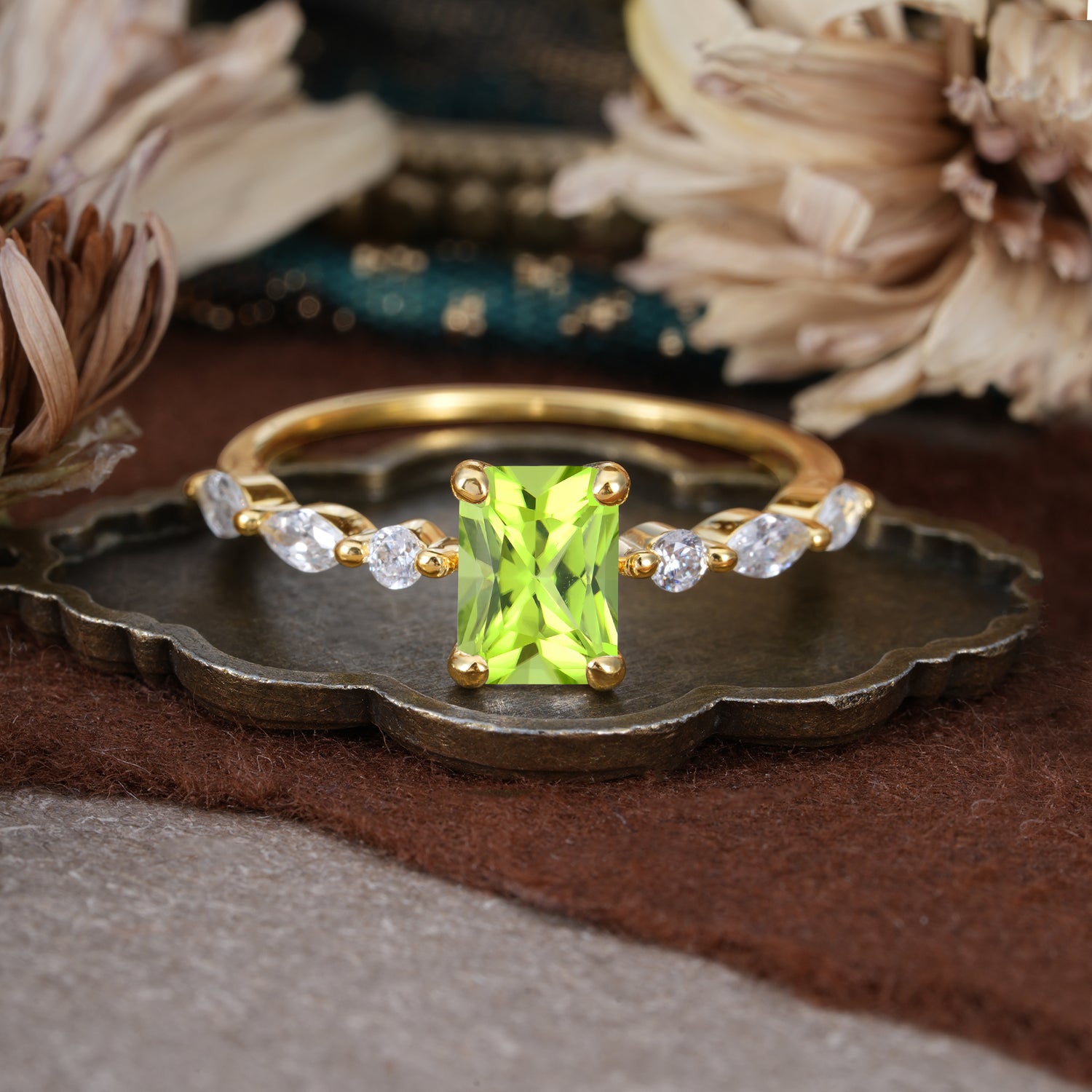 1CT Emerald Cut Peridot Half Eternity Stacking Engagement Ring
