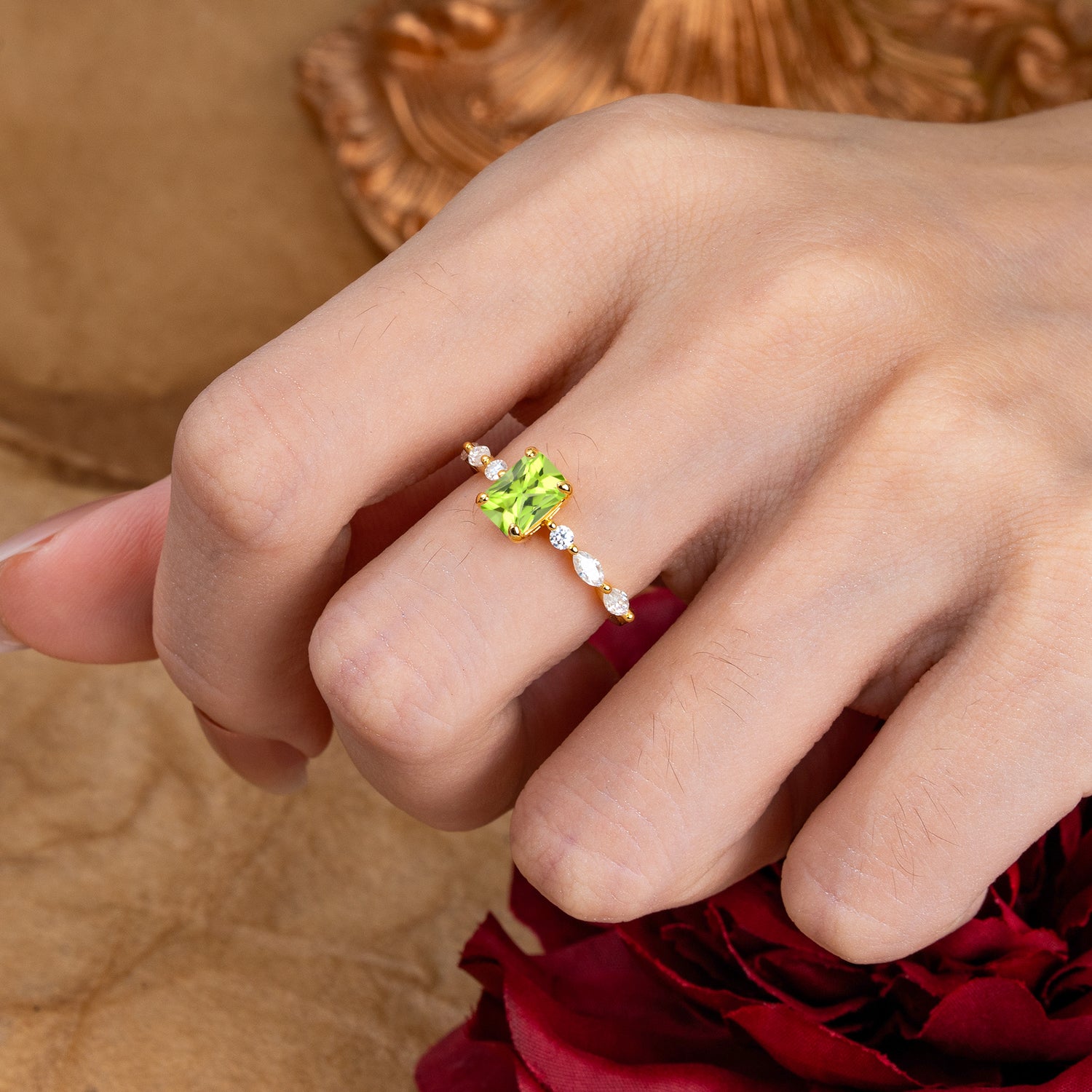 1CT Emerald Cut Peridot Half Eternity Stacking Engagement Ring