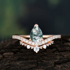 Pear Cut Moss Agate Dainty Crown Engagement Ring