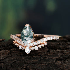 Pear Cut Moss Agate Dainty Crown Engagement Ring