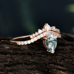 Pear Cut Moss Agate Dainty Crown Engagement Ring