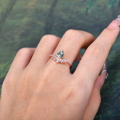 Pear Cut Moss Agate Dainty Crown Engagement Ring