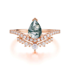 Pear Cut Moss Agate Dainty Crown Engagement Ring