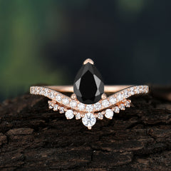 Pear Cut Black Onyx Dainty Crown Engagement Ring