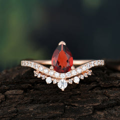 Pear Cut Garnet Dainty Crown Engagement Ring