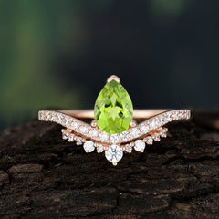 Pear Cut Peridot Dainty Crown Engagement Ring