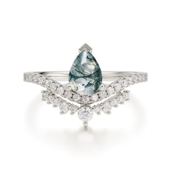 Pear Cut Moss Agate Dainty Crown Engagement Ring