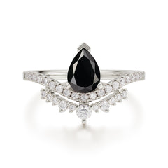 Pear Cut Black Onyx Dainty Crown Engagement Ring