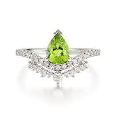 Pear Cut Peridot Dainty Crown Engagement Ring