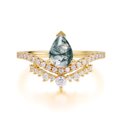 Pear Cut Moss Agate Dainty Crown Engagement Ring