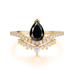 Pear Cut Black Onyx Dainty Crown Engagement Ring