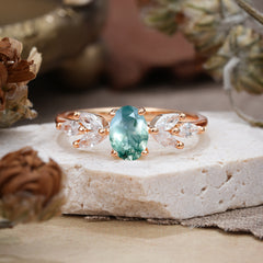 1 Carat Oval Cut Classic Moss Agate Nature Inspired Engagement Ring