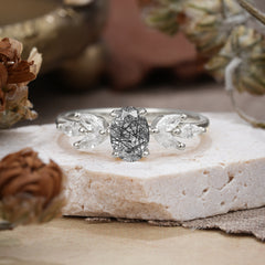 1 Carat Oval Cut Classic Black Rutilated Quartz Nature Inspired Engagement Ring