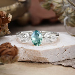 1 Carat Oval Cut Classic Moss Agate Nature Inspired Engagement Ring