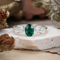 1 Carat Oval Cut 4 Prong Classic Emerald Nature Inspired Engagement Ring