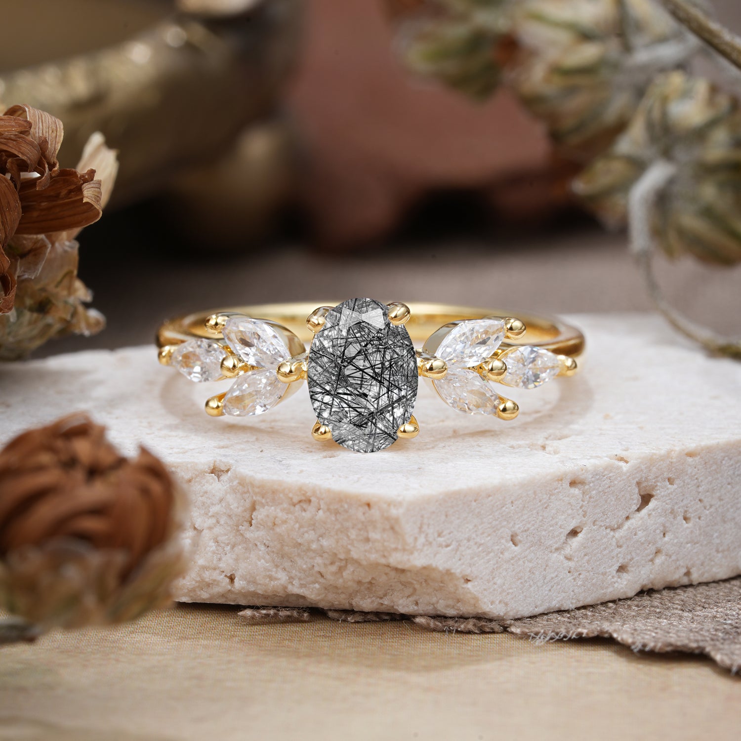1 Carat Oval Cut Classic Black Rutilated Quartz Nature Inspired Engagement Ring