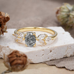 1 Carat Oval Cut Classic Black Rutilated Quartz Nature Inspired Engagement Ring