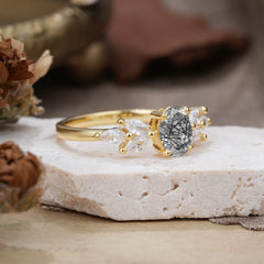 1 Carat Oval Cut Classic Black Rutilated Quartz Nature Inspired Engagement Ring