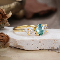 1 Carat Oval Cut Classic Moss Agate Nature Inspired Engagement Ring