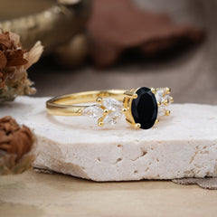 1 Carat Oval Cut 4 Prong Classic Black Onyx Nature Inspired Engagement Ring
