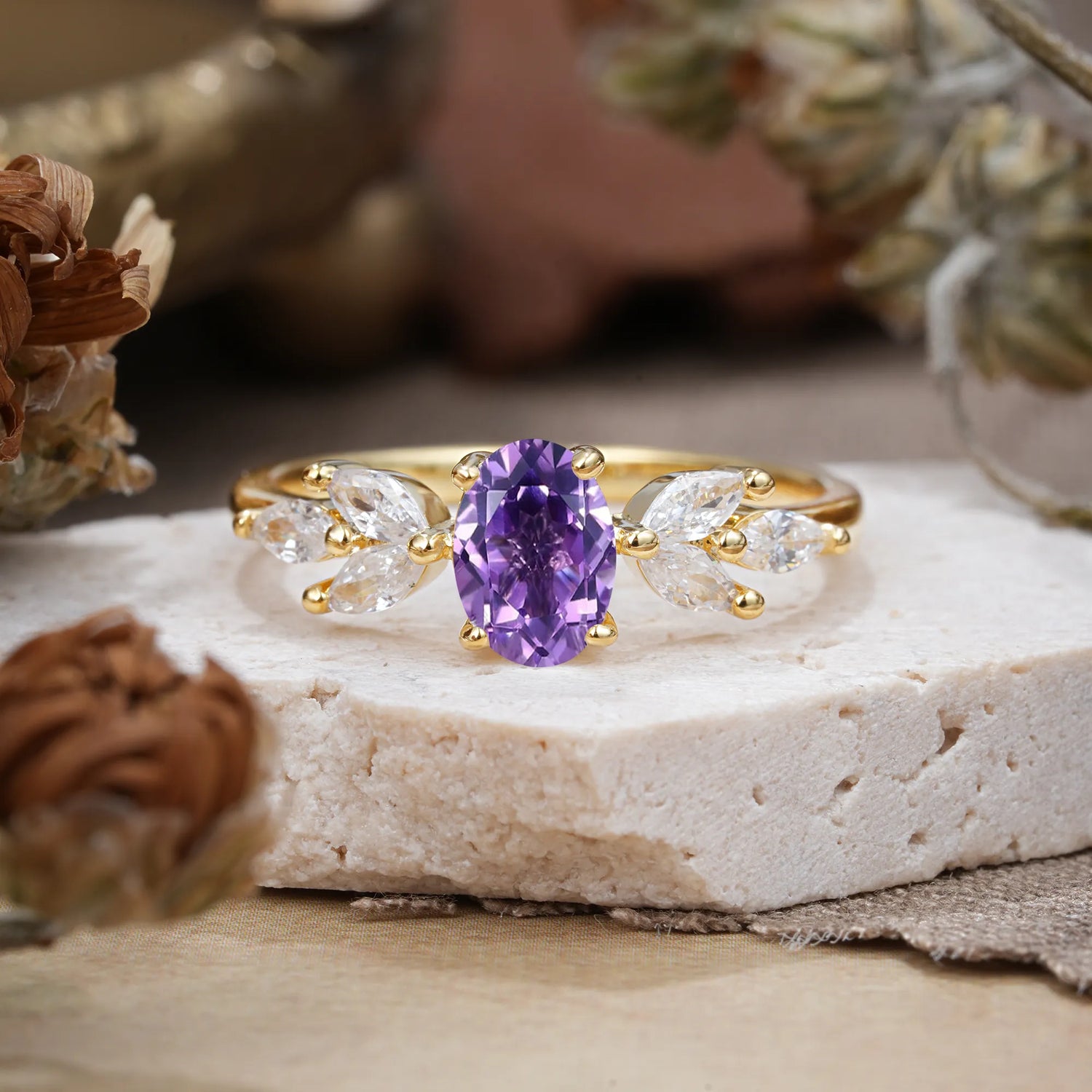 1 Carat Oval Cut 4 Prong Classic Amethyst Nature Inspired Engagement Ring
