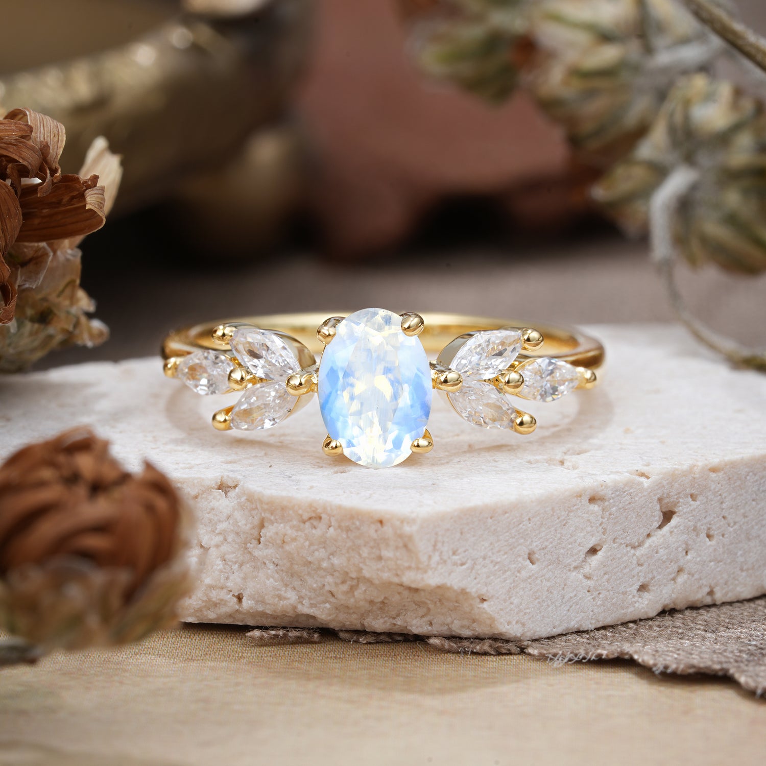 1 Carat Oval Cut Classic Natural Moonstone Nature Inspired Engagement Ring - Romalar Jewelry